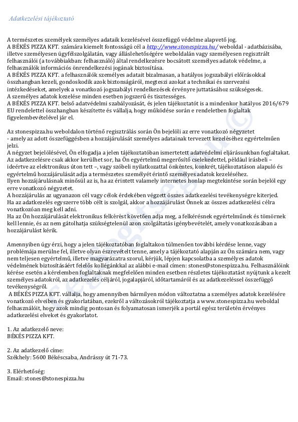 Adatkezelési tájékoztató 1. oldal